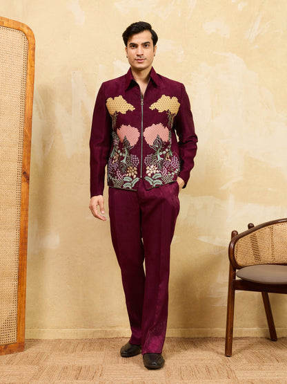 Royal Maroon Garden Embroidered Zipper Jacket Set – Burgundy Elegance