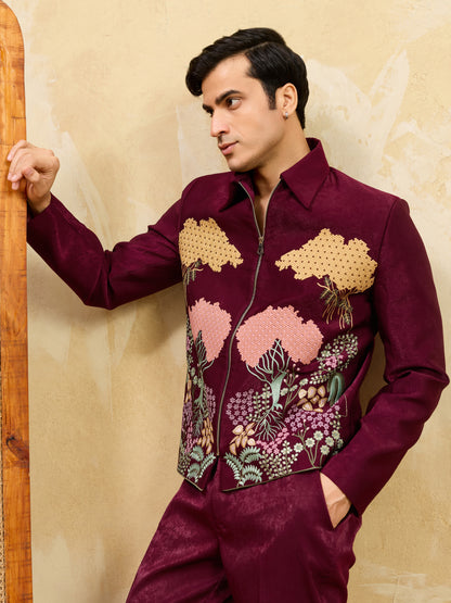 Royal Maroon Garden Embroidered Zipper Jacket Set – Burgundy Elegance
