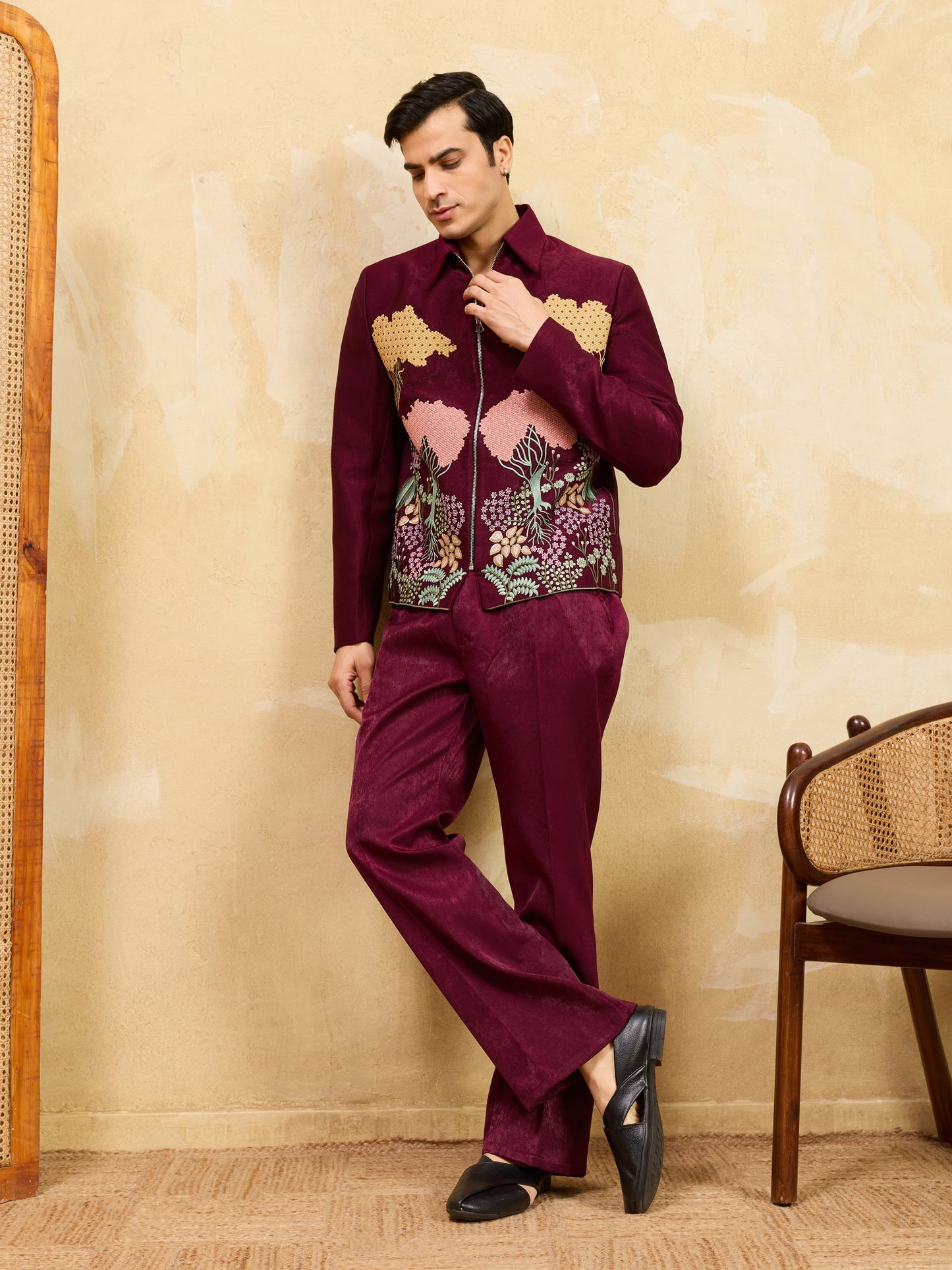 Royal Maroon Garden Embroidered Zipper Jacket Set – Burgundy Elegance