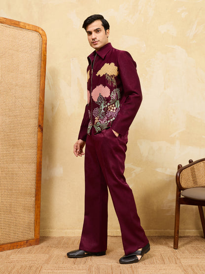 Royal Maroon Garden Embroidered Zipper Jacket Set – Burgundy Elegance