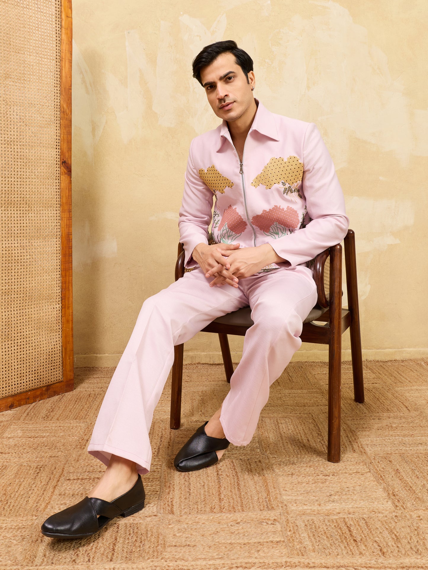 Blush Royale Botanical Embroidered Zipper Jacket Set – Designer Statement Ensemble