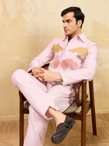Blush Royale Botanical Embroidered Zipper Jacket Set – Designer Statement Ensemble