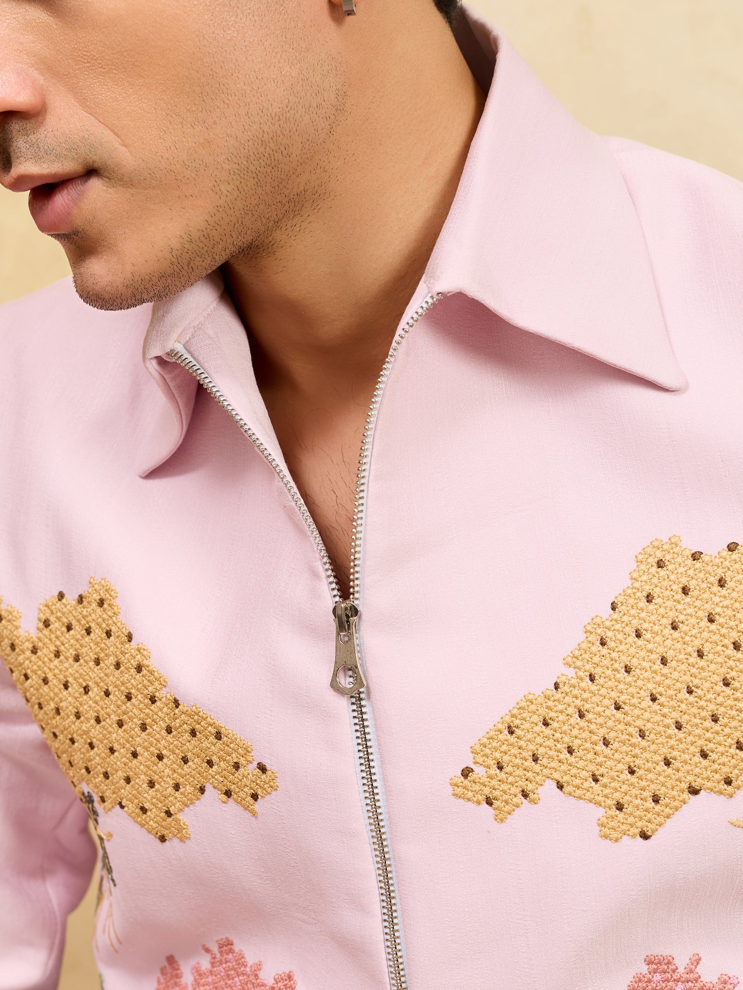 Blush Royale Botanical Embroidered Zipper Jacket Set – Designer Statement Ensemble