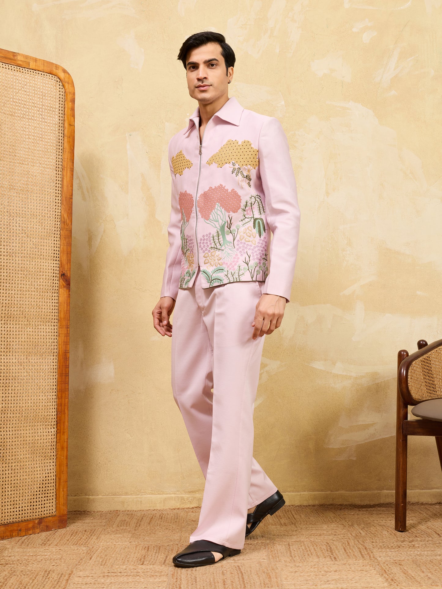 Blush Royale Botanical Embroidered Zipper Jacket Set – Designer Statement Ensemble