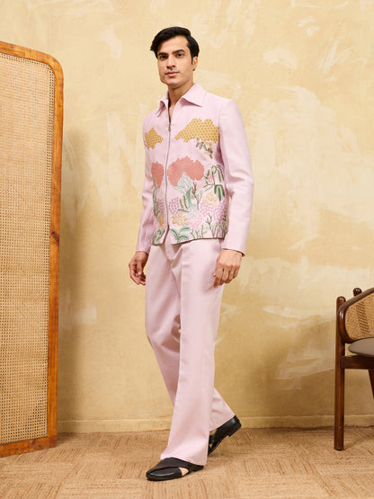 Blush Royale Botanical Embroidered Zipper Jacket Set – Designer Statement Ensemble