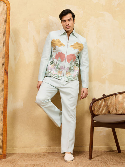 Sage Royale Botanical Embroidered Jacket Set – Luxury Designer Statement Ensemble