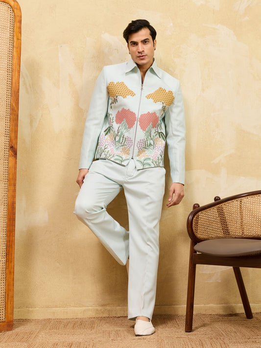 Sage Royale Botanical Embroidered Jacket Set – Luxury Designer Statement Ensemble