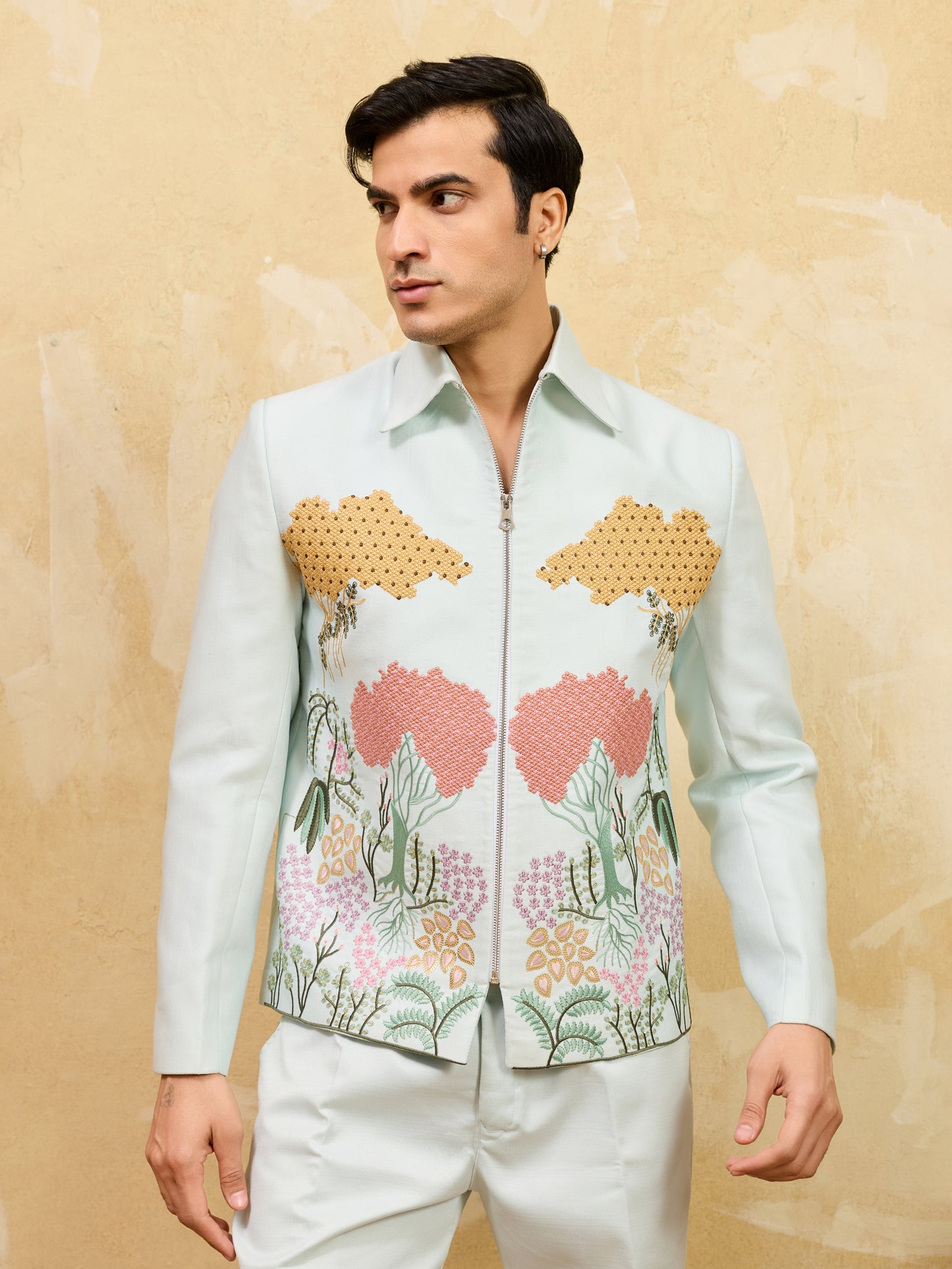 Sage Royale Botanical Embroidered Jacket Set – Luxury Designer Statement Ensemble