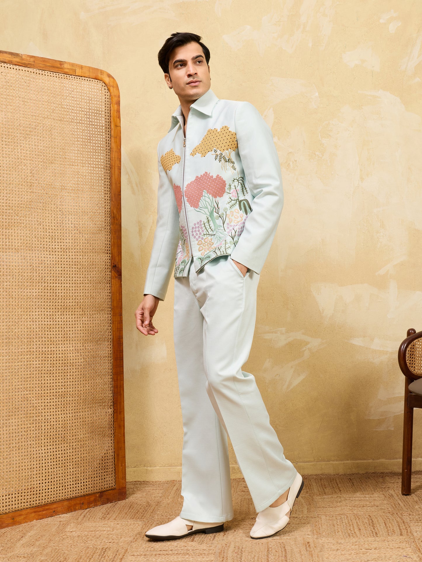 Sage Royale Botanical Embroidered Jacket Set – Luxury Designer Statement Ensemble