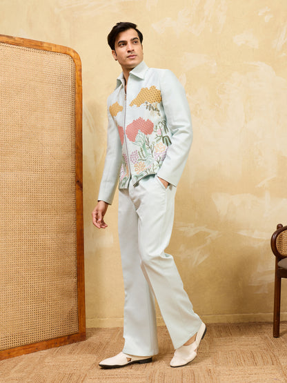 Sage Royale Botanical Embroidered Jacket Set – Luxury Designer Statement Ensemble