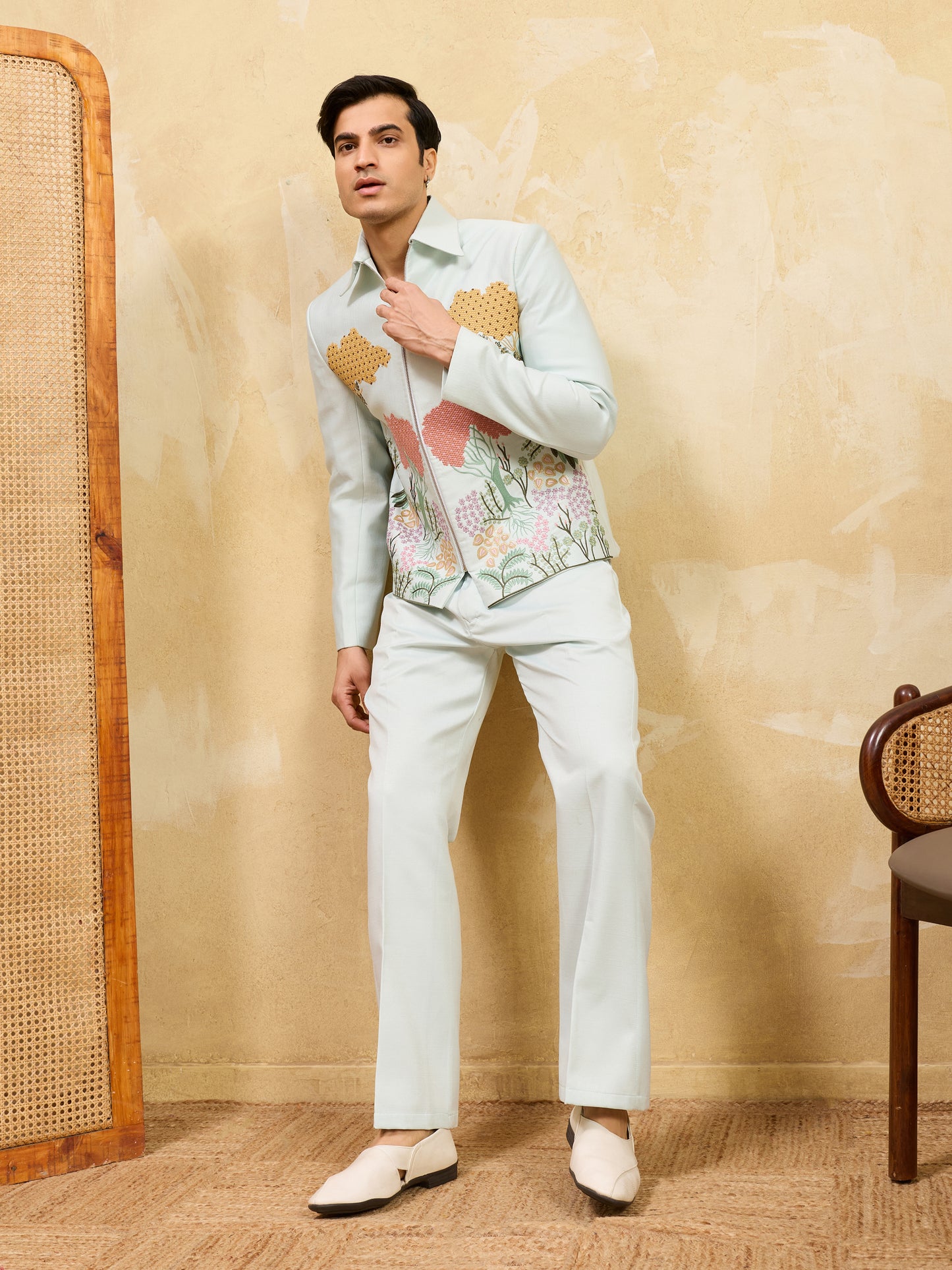 Sage Royale Botanical Embroidered Jacket Set – Luxury Designer Statement Ensemble