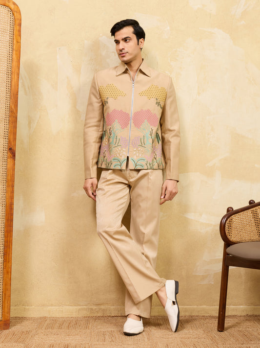 Desert Bloom Regal Embroidered Jacket Set – Luxury Sand-Tone Statement Ensemble