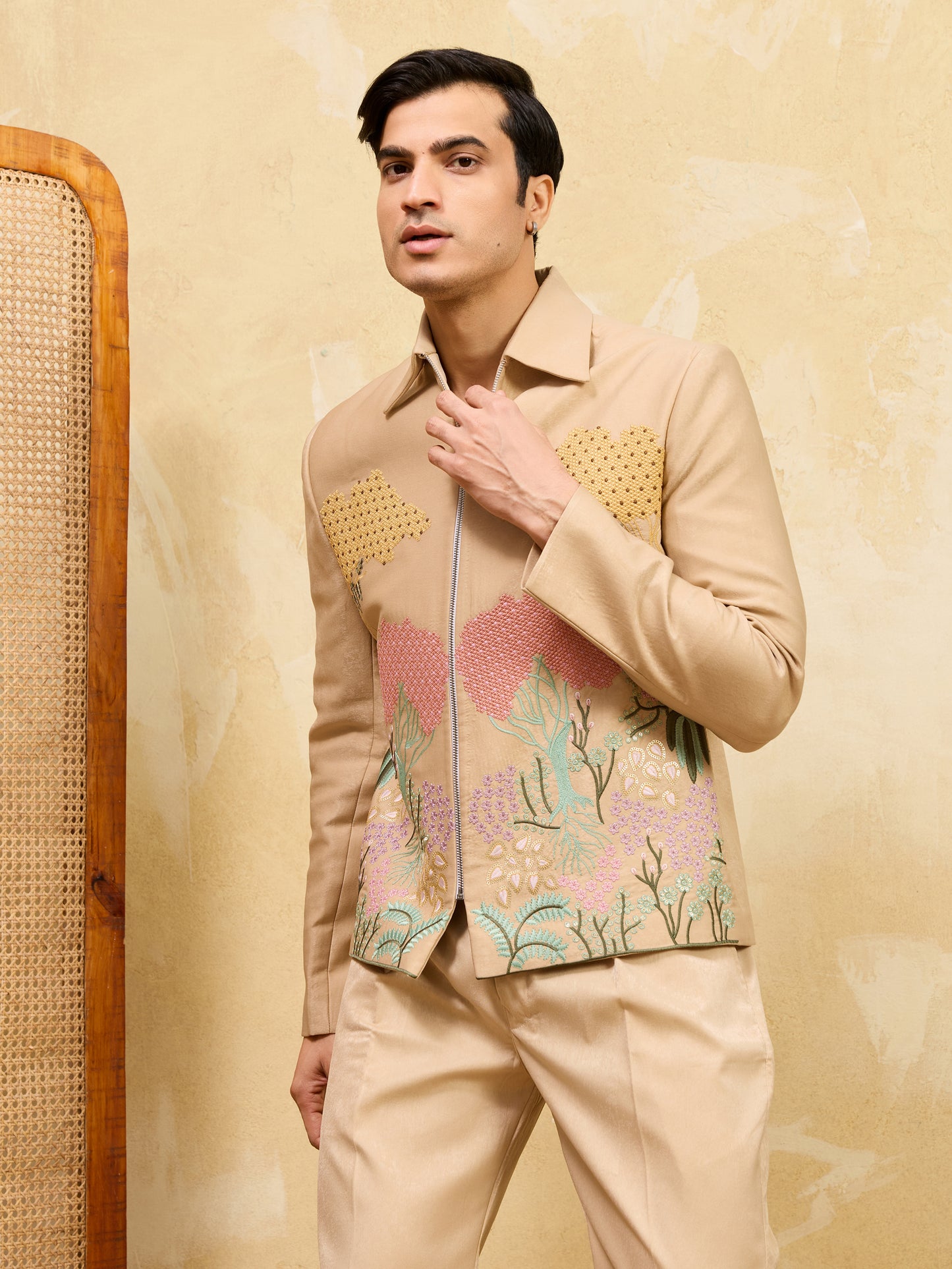 Desert Bloom Regal Embroidered Jacket Set – Luxury Sand-Tone Statement Ensemble