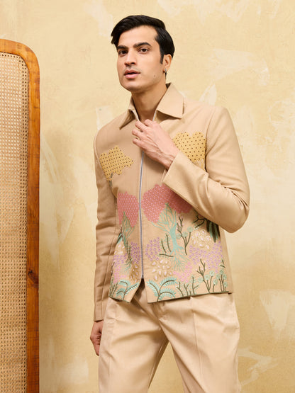 Desert Bloom Regal Embroidered Jacket Set – Luxury Sand-Tone Statement Ensemble