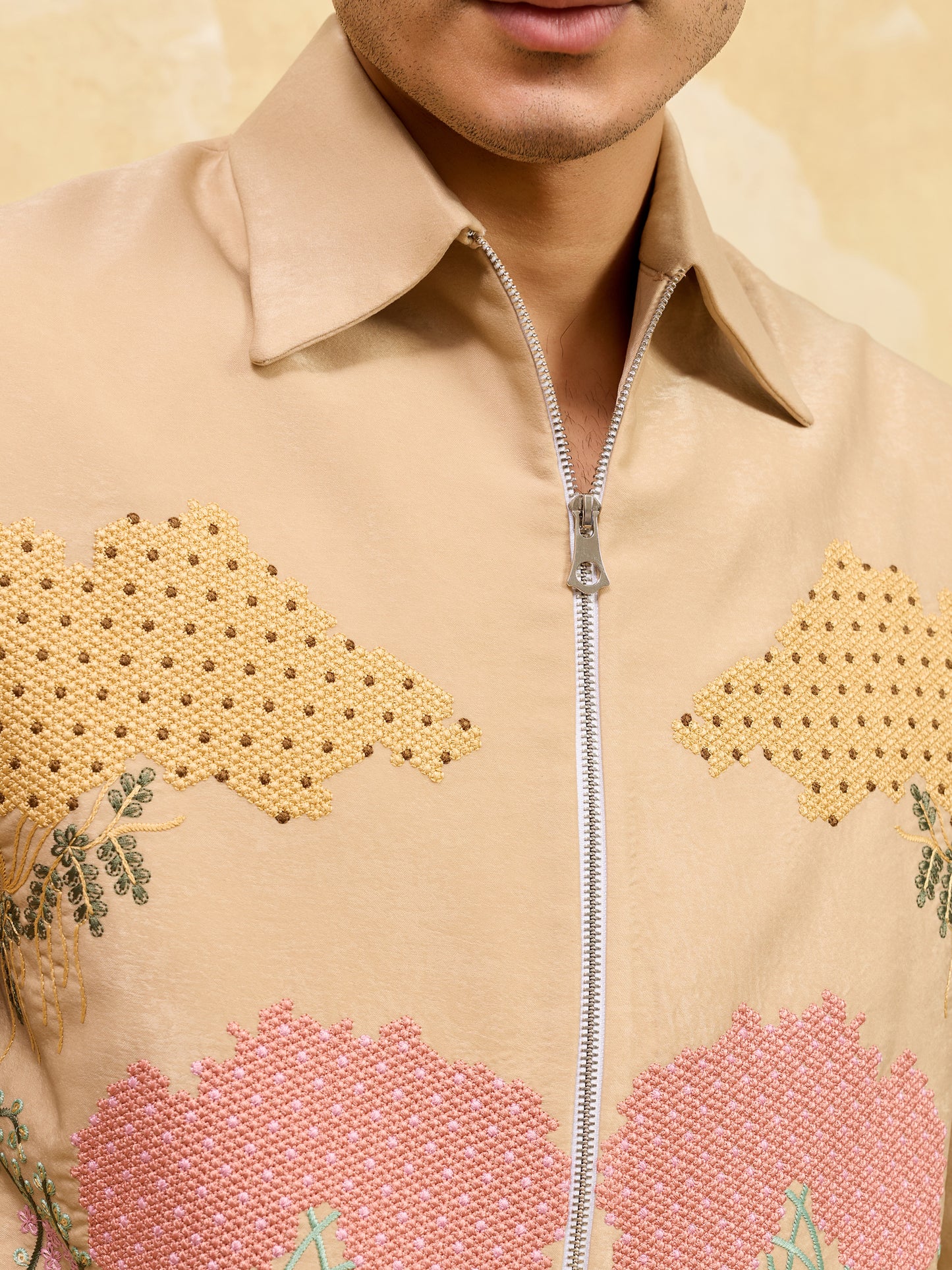 Desert Bloom Regal Embroidered Jacket Set – Luxury Sand-Tone Statement Ensemble