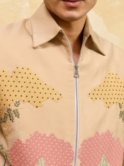Desert Bloom Regal Embroidered Jacket Set – Luxury Sand-Tone Statement Ensemble