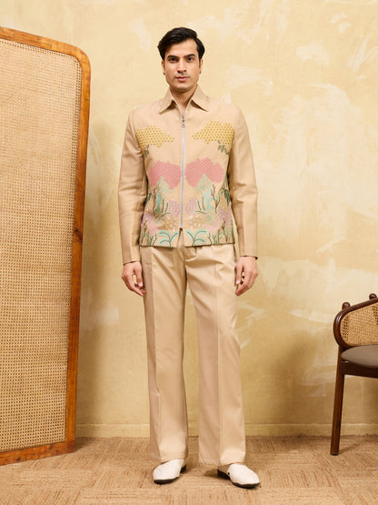 Desert Bloom Regal Embroidered Jacket Set – Luxury Sand-Tone Statement Ensemble