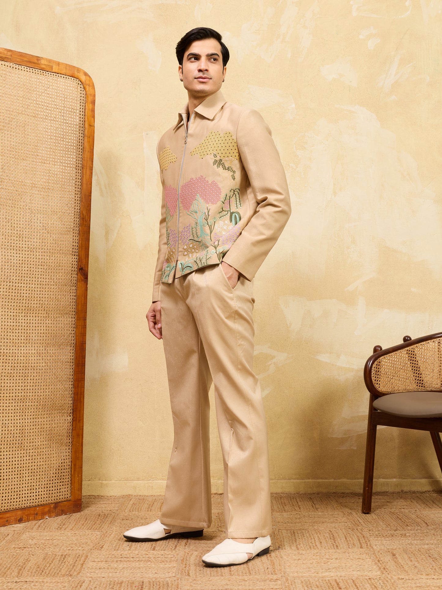 Desert Bloom Regal Embroidered Jacket Set – Luxury Sand-Tone Statement Ensemble