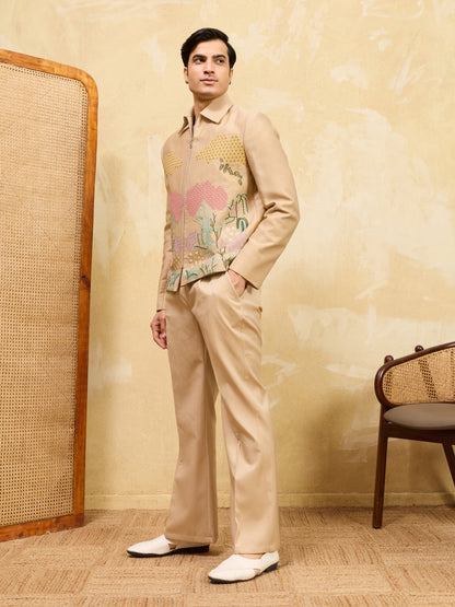 Desert Bloom Regal Embroidered Jacket Set – Luxury Sand-Tone Statement Ensemble