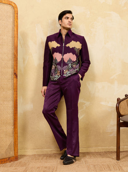 Midnight Orchid Regal Embroidered Jacket Set – Royal Plum Couture Ensemble