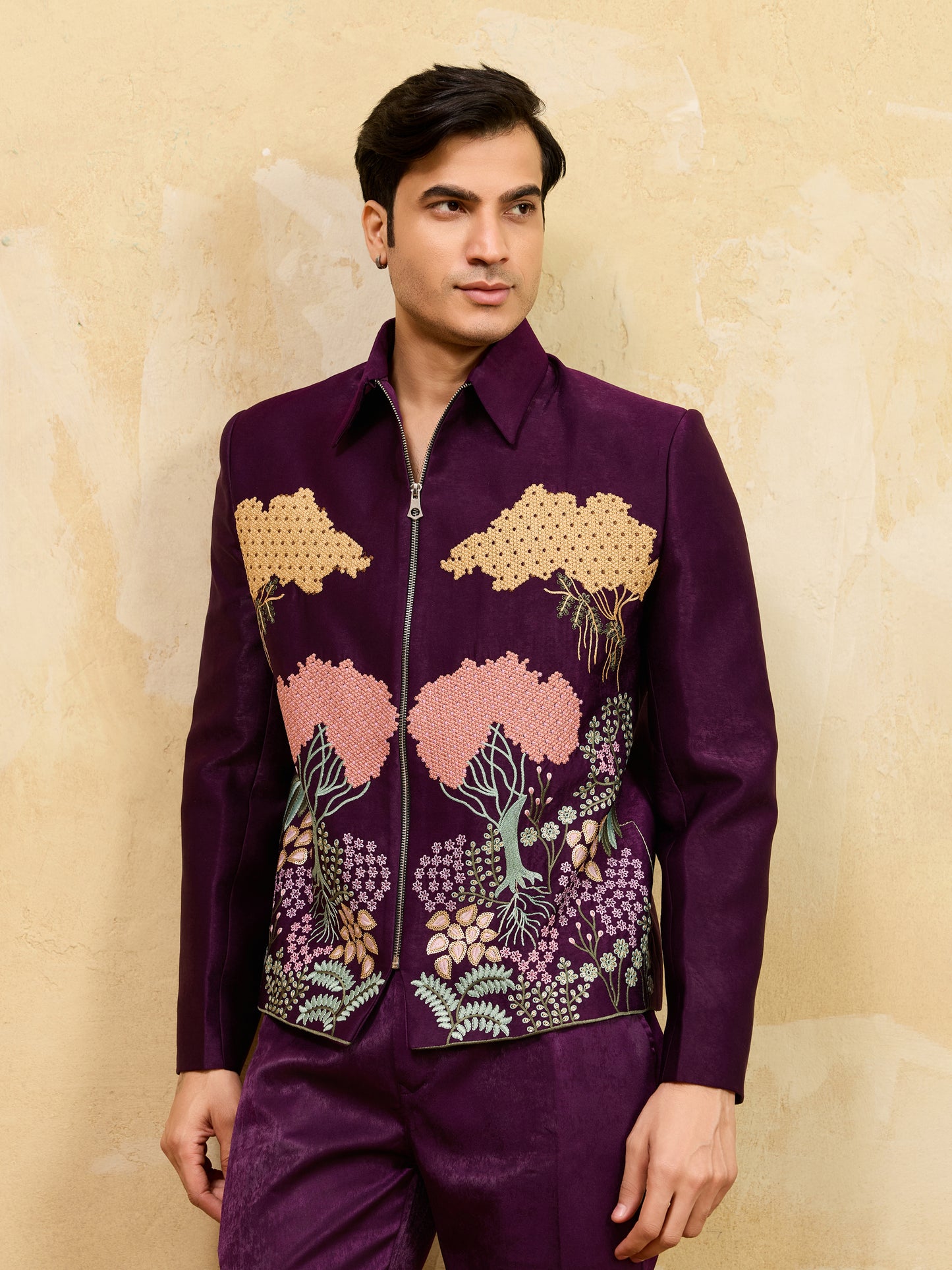 Midnight Orchid Regal Embroidered Jacket Set – Royal Plum Couture Ensemble