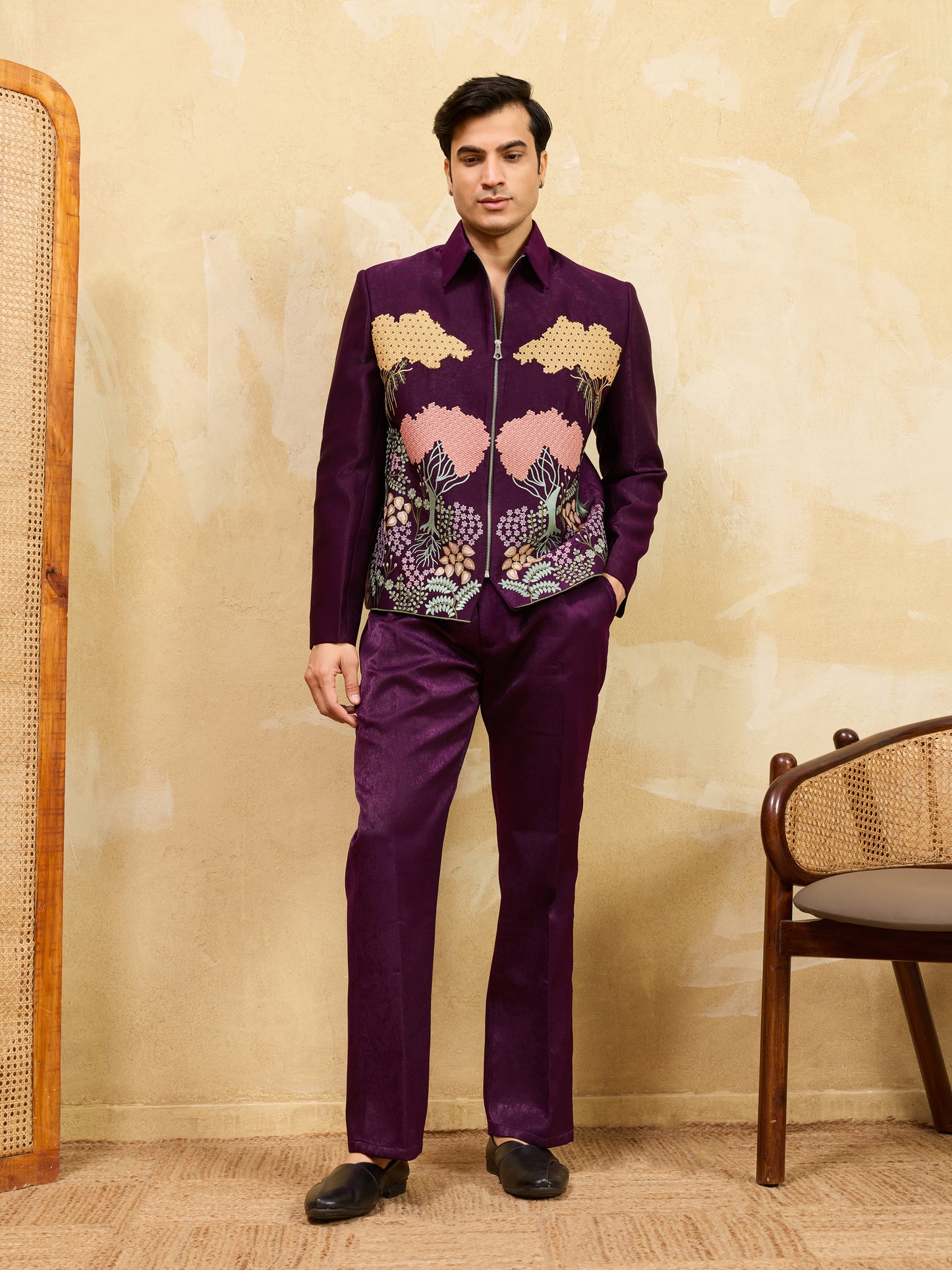 Midnight Orchid Regal Embroidered Jacket Set – Royal Plum Couture Ensemble