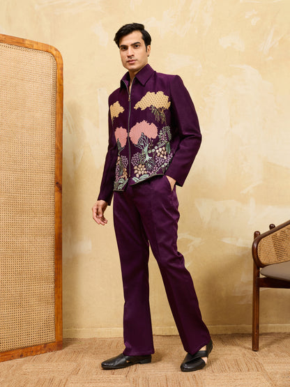 Midnight Orchid Regal Embroidered Jacket Set – Royal Plum Couture Ensemble