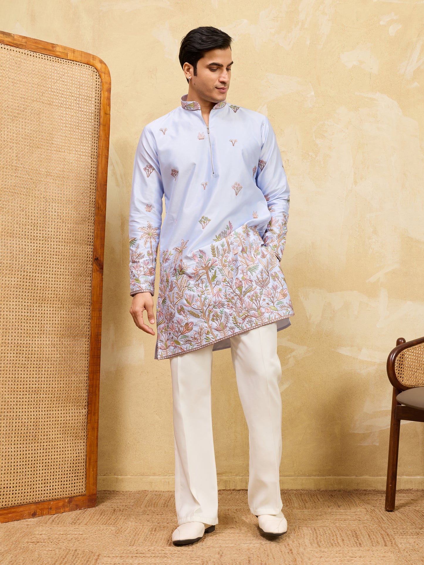 Sky Blue Designer Kurta for Men with Floral Embroidery