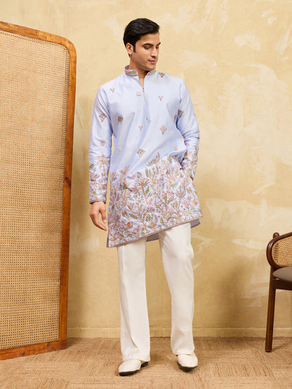 Sky Blue Designer Kurta for Men with Floral Embroidery