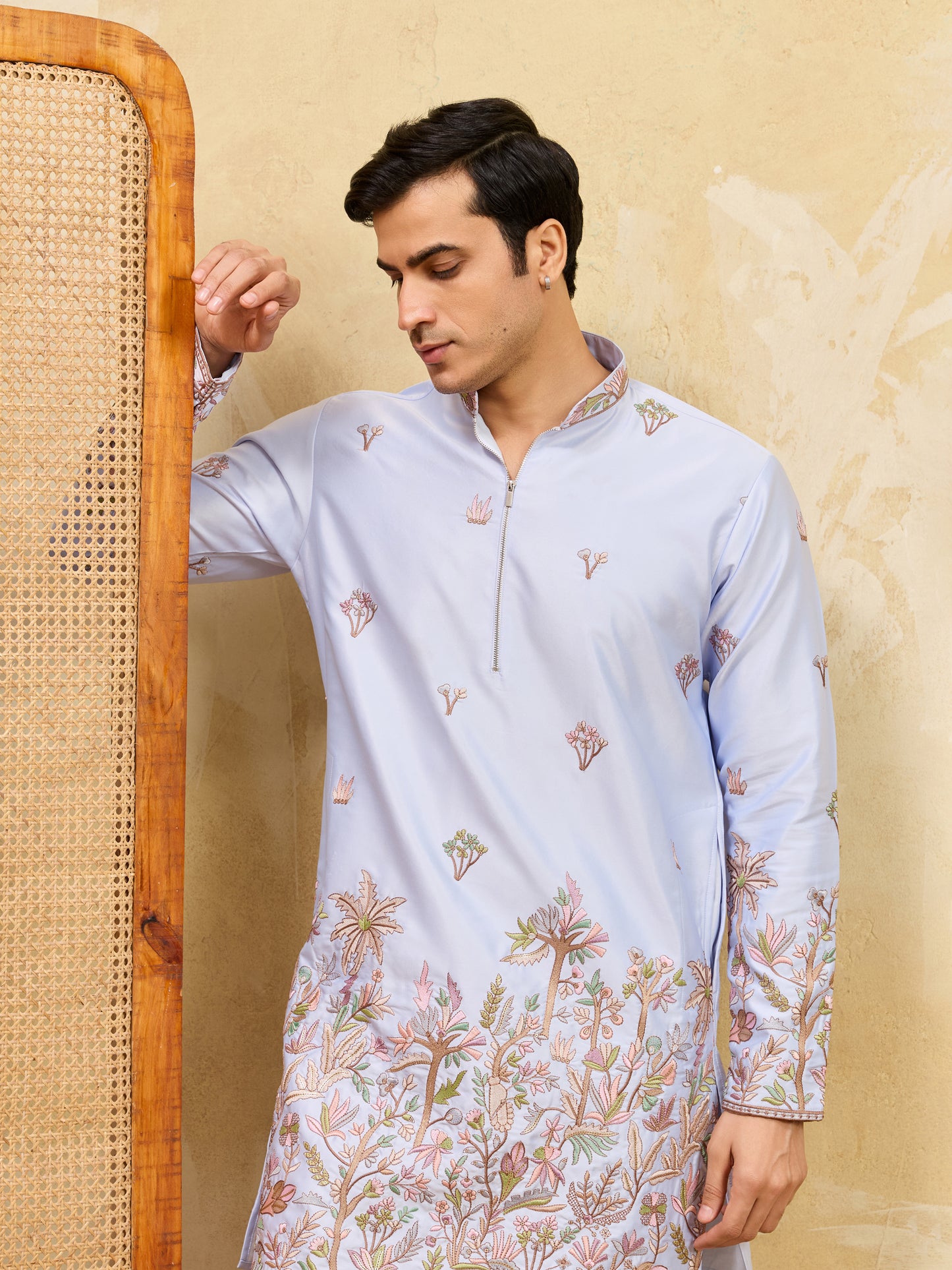 Sky Blue Designer Kurta for Men with Floral Embroidery