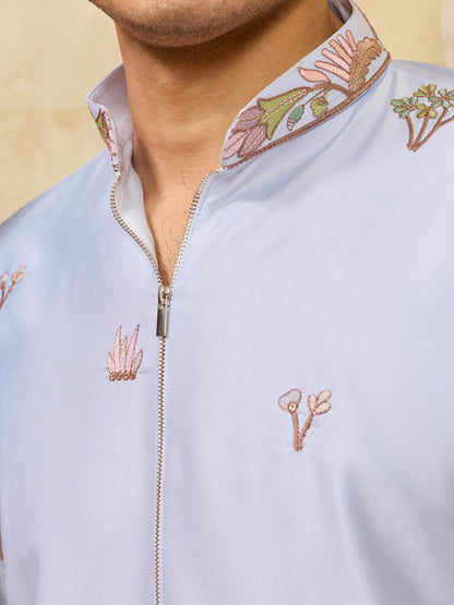 Sky Blue Designer Kurta for Men with Floral Embroidery