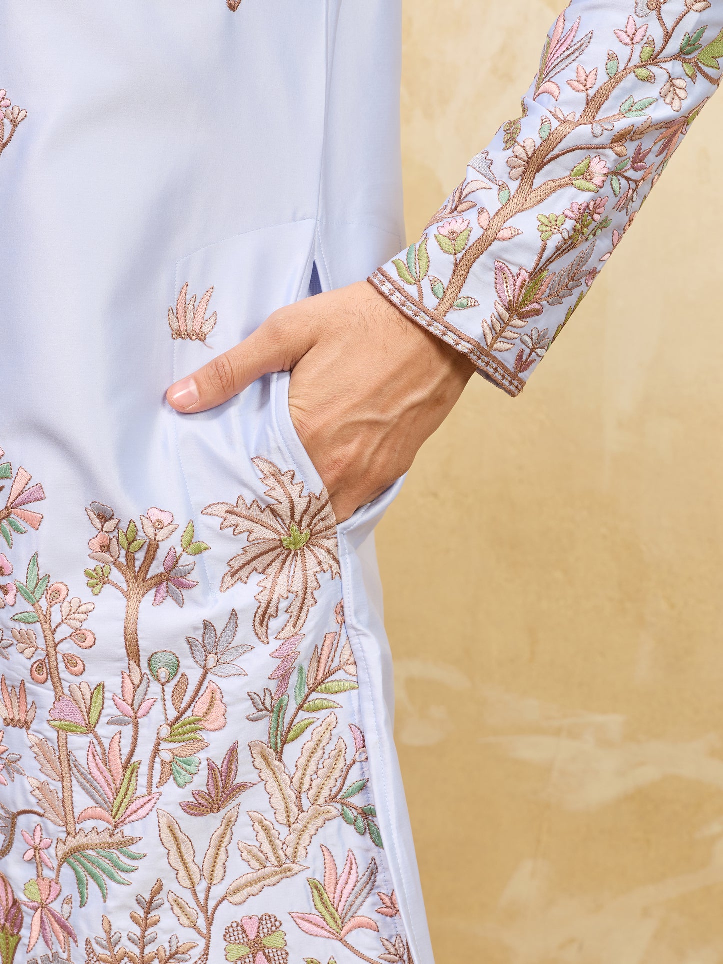 Sky Blue Designer Kurta for Men with Floral Embroidery
