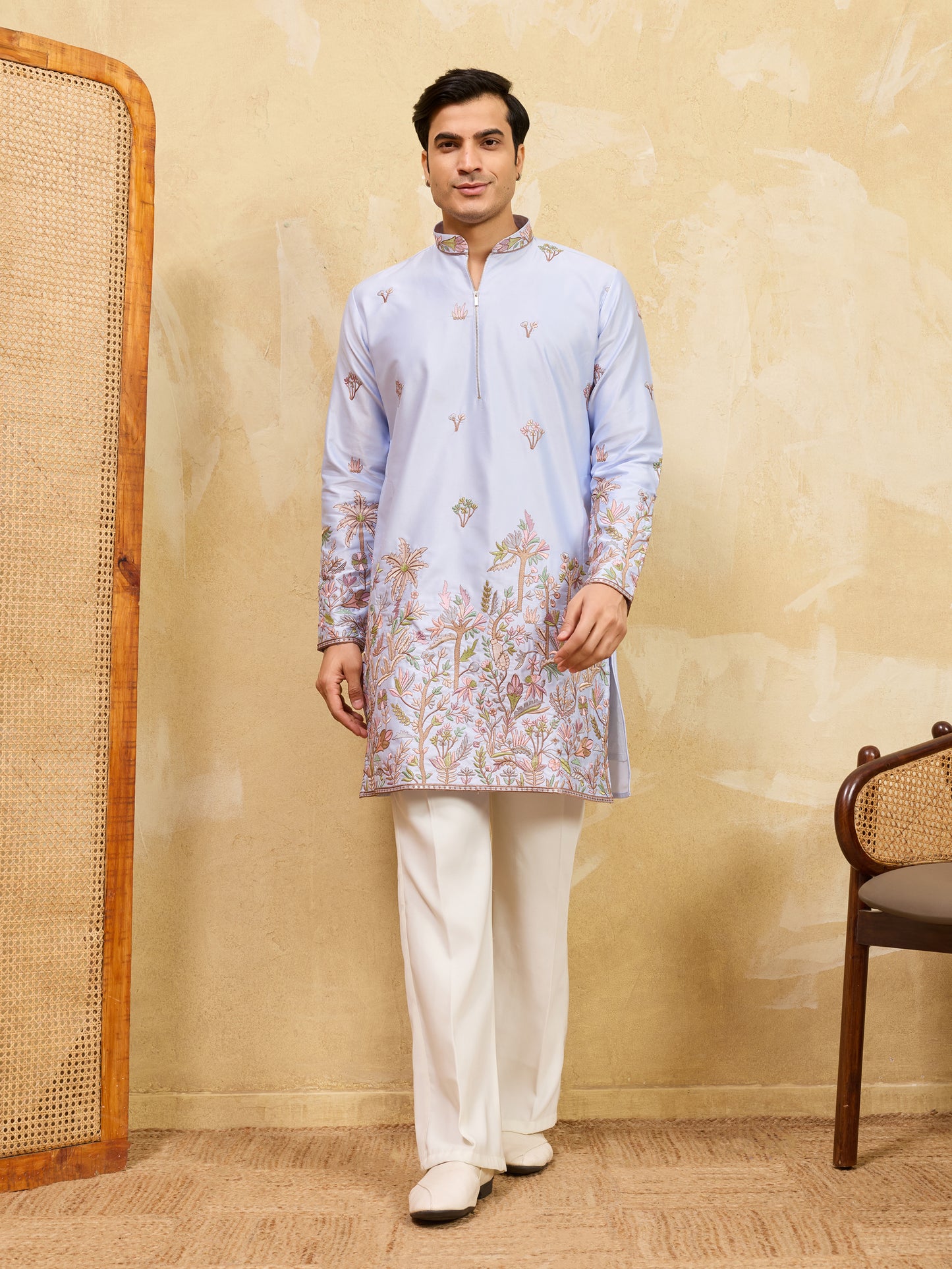 Sky Blue Designer Kurta for Men with Floral Embroidery