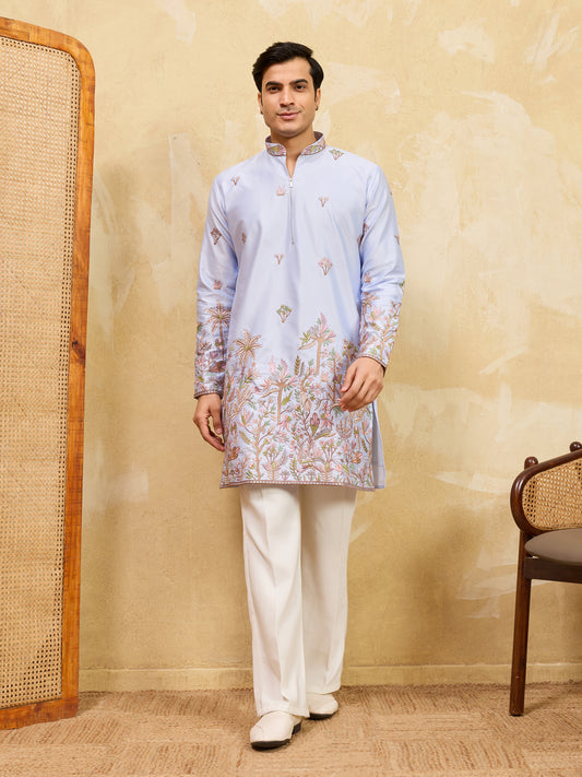 Sky Blue Designer Kurta for Men with Floral Embroidery