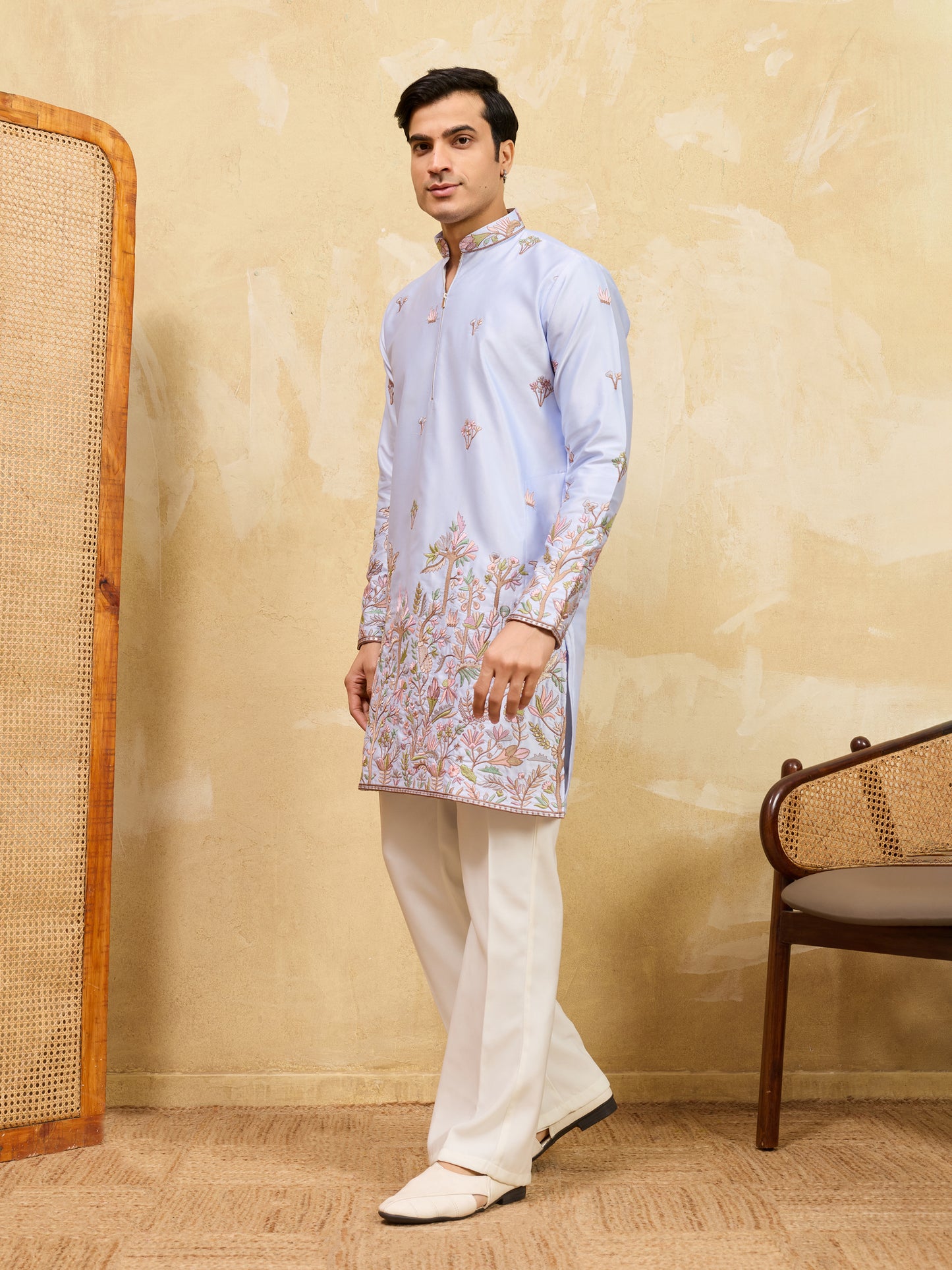Sky Blue Designer Kurta for Men with Floral Embroidery