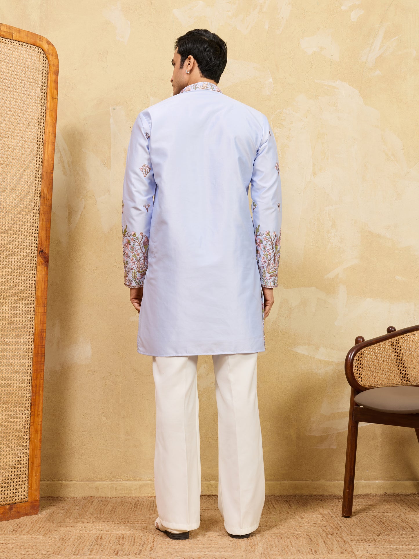 Sky Blue Designer Kurta for Men with Floral Embroidery