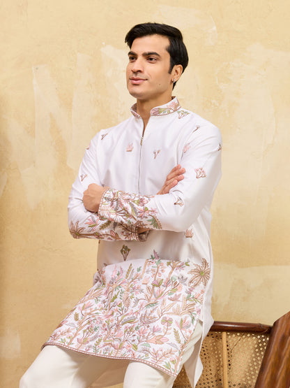 Men’s Ivory Bloom Embroidered Kurta – Luxury Ethnic Festive Wear