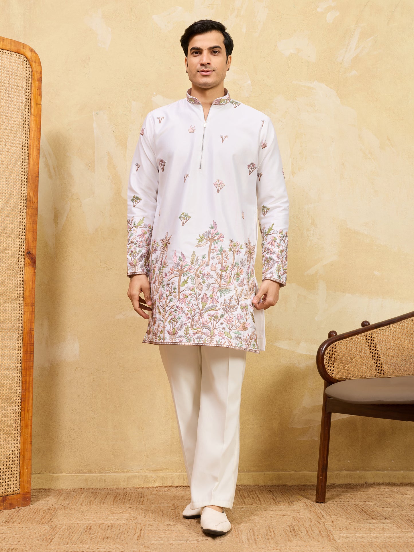 Men’s Ivory Bloom Embroidered Kurta – Luxury Ethnic Festive Wear