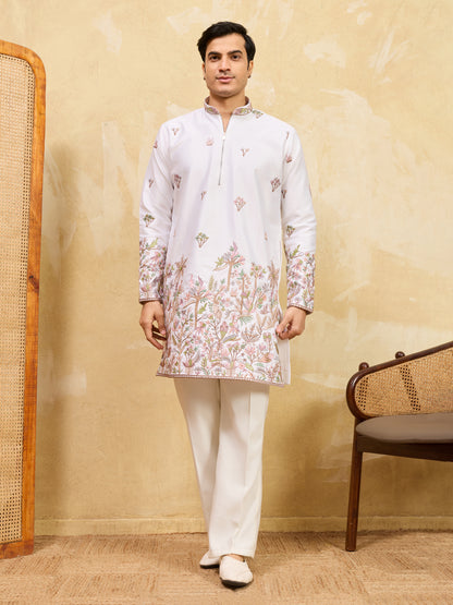 Men’s Ivory Bloom Embroidered Kurta – Luxury Ethnic Festive Wear
