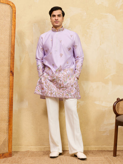 Lavender Embroidered Designer Kurta for Men with Floral Thread Work