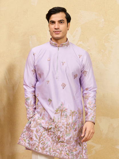 Lavender Embroidered Designer Kurta for Men with Floral Thread Work