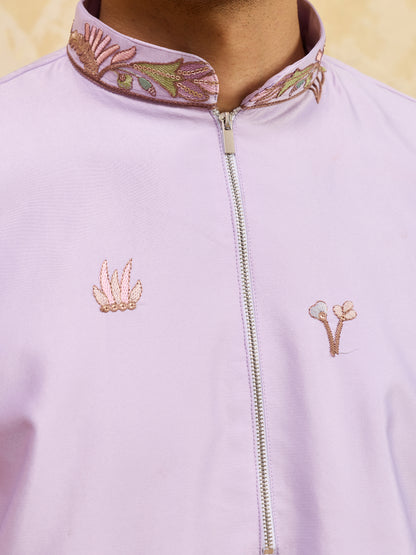 Lavender Embroidered Designer Kurta for Men with Floral Thread Work