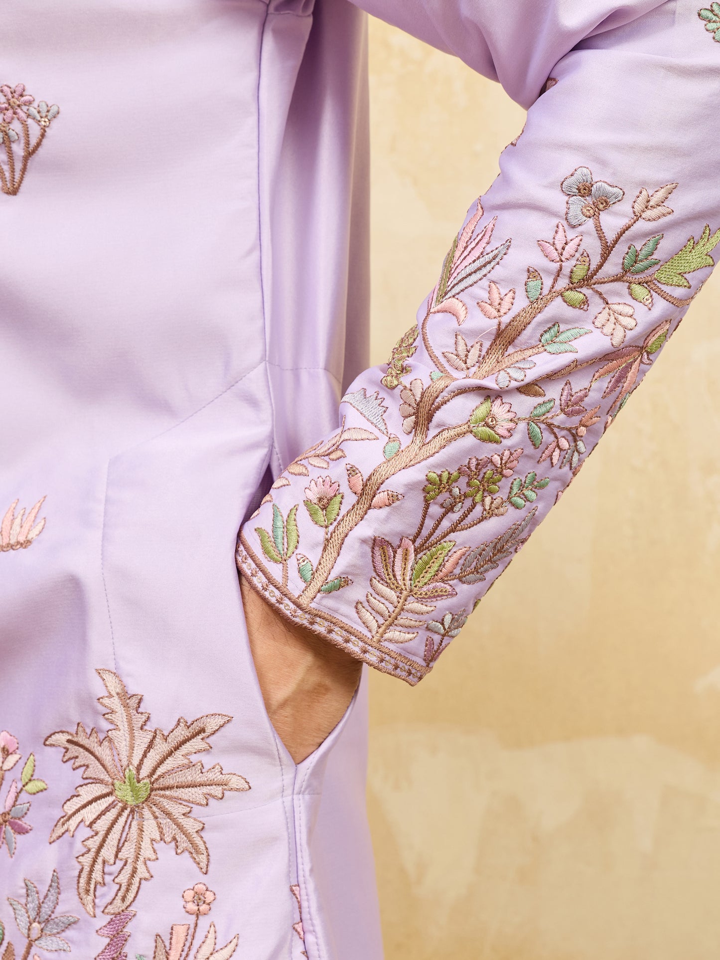 Lavender Embroidered Designer Kurta for Men with Floral Thread Work
