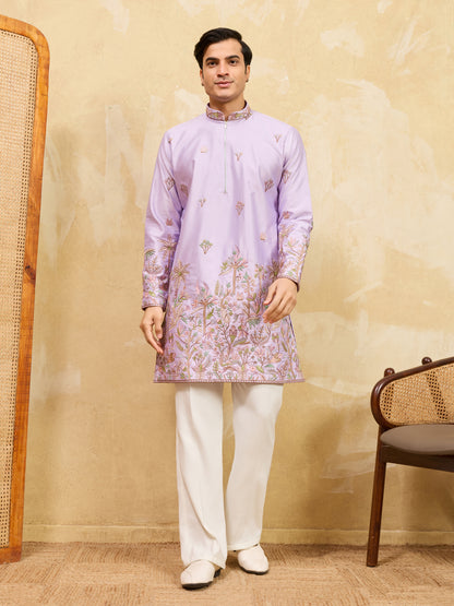 Lavender Embroidered Designer Kurta for Men with Floral Thread Work