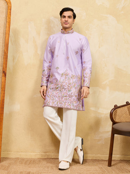 Lavender Embroidered Designer Kurta for Men with Floral Thread Work