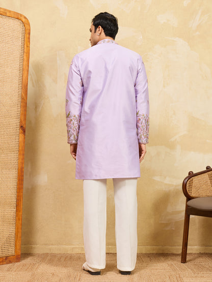 Lavender Embroidered Designer Kurta for Men with Floral Thread Work