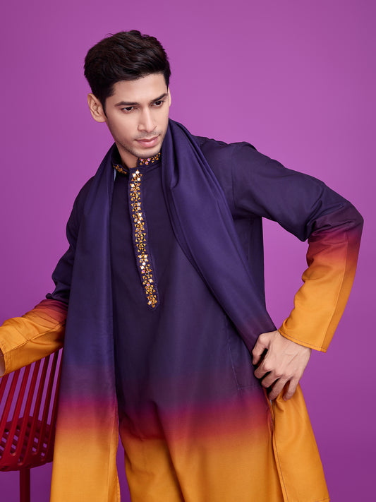 Royal Purple & Mustard Ombre Kurta with Mirror Work Detailing