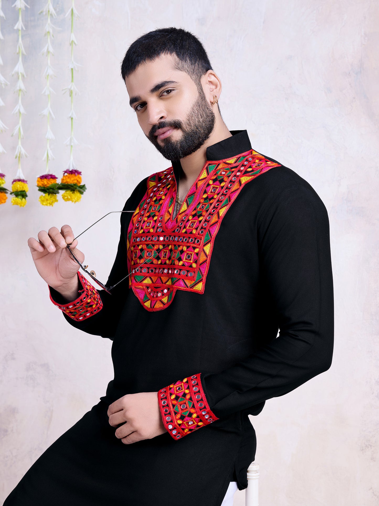 Black Kurta with Multicolor Mirror & Thread Embroidery