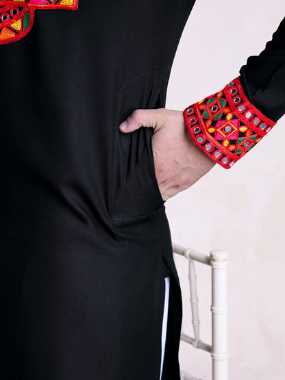 Black Kurta with Multicolor Mirror & Thread Embroidery