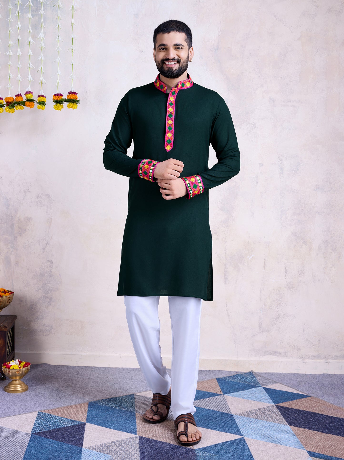 Dark Green Kurta with Geometric Embroidery & Matching Dupatta